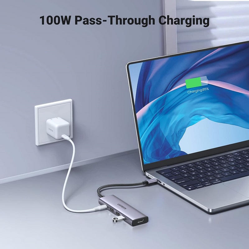 Ugreen 15597 Bộ chuyển đổi nguồn USB-C sang HDMI+3*USB 3.0 A+PD 4K@60Hz với PD