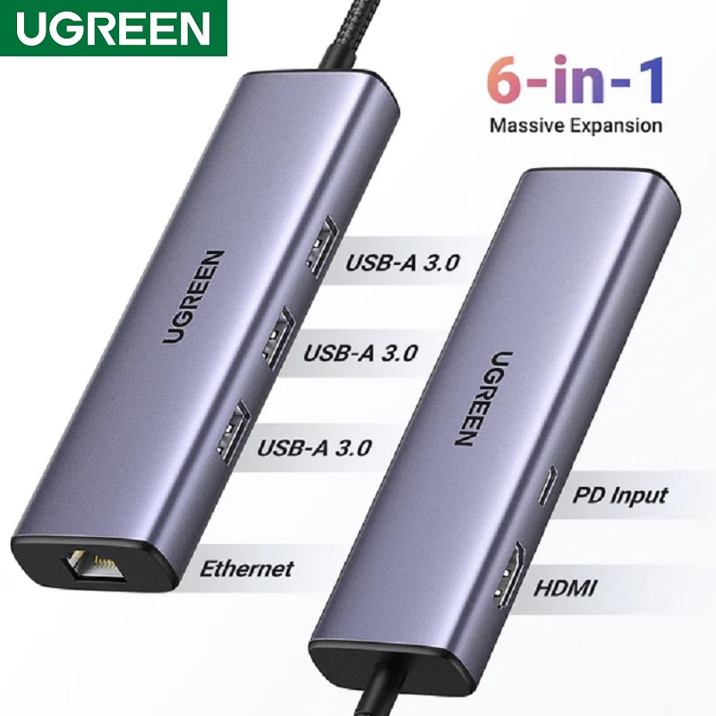 Ugreen 15598 Bộ chuyển đổi USB-C sang 3*USB 3.0 A+HDMI+RJ45+PD 4K@30Hz với PD