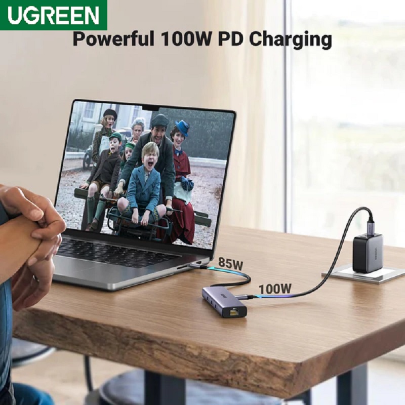 Ugreen 15598 Bộ chuyển đổi USB-C sang 3*USB 3.0 A+HDMI+RJ45+PD 4K@30Hz với PD