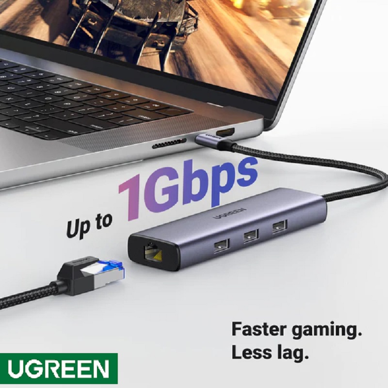 Ugreen 15598 Bộ chuyển đổi USB-C sang 3*USB 3.0 A+HDMI+RJ45+PD 4K@30Hz với PD