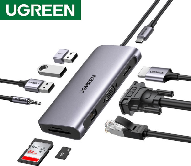 Ugreen 15601 USB-C đến 3xUSB-A 3.0 + HDMI + VGA+ RJ45(LAN) + SD/TF +3,5mm+PD 4K30Hz cao cấp