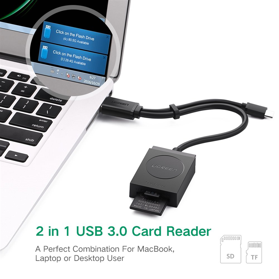 UGREEN 20203 Đầu đọc thẻ USB 3.0 sang TF+SD ABS màu đen cao cấp