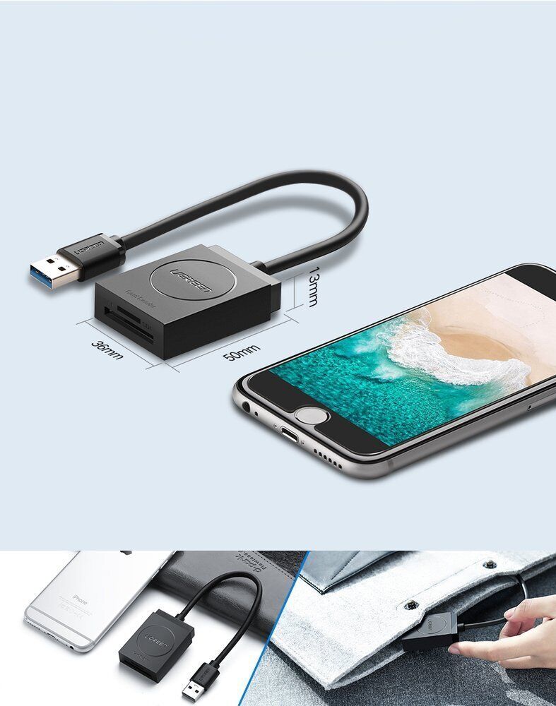 Ugreen 20250, Đầu đọc thẻ USB 3.0 hỗ trợ SD/TF chính hãng Cao cấp