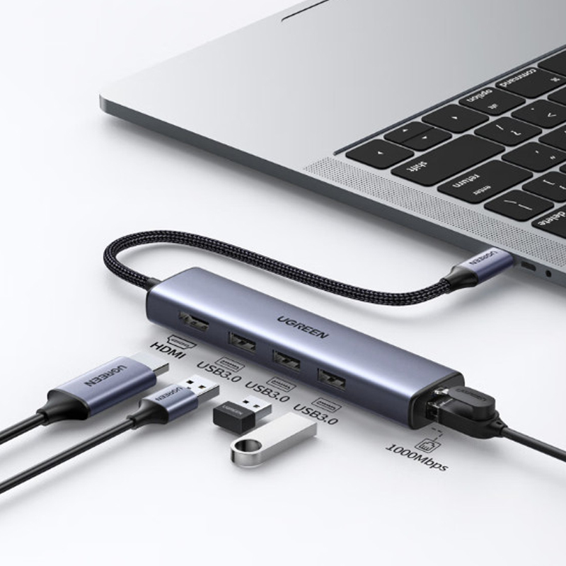 Ugreen 20934 Bộ chuyển UGREEN USB-C sang 3*USB 3.0 + HDMI + RJ45 4K60Hz