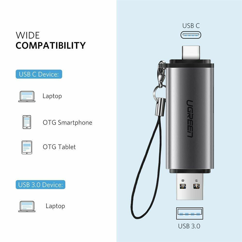 Ugreen 50706,Đầu đọc thẻ nhớ SD/TF chuẩn USB Type C và USB 3.0 Chính hãng Cao Cấp