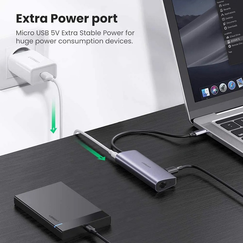 Ugreen 60718 Bộ chuyển đổi đa chức năng USB-C sang 3 x USB 3.0+RJ45+Micro USB