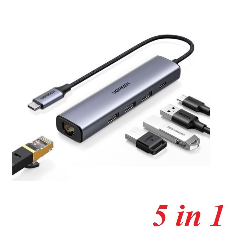 Ugreen 20932 Bộ chia 5 trong 1 USB Type C ra cổng USB 3.0 kèm Lan RJ45 cao cấp