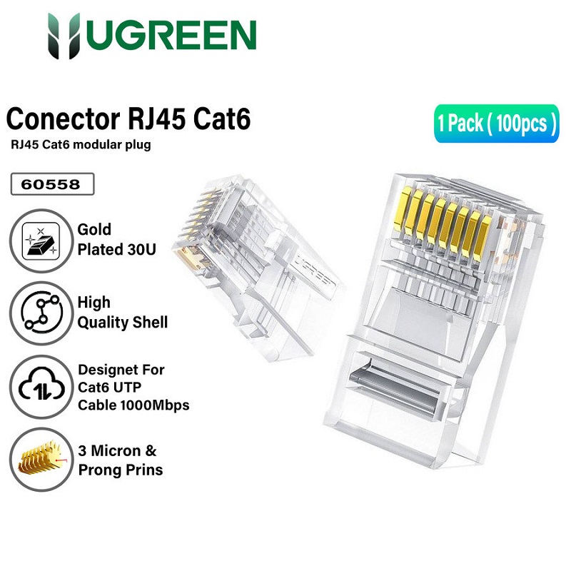 Ugreen 60558, Đầu bấm mạng RJ45 Cat6 Cao Cấp (Túi 100 cái)