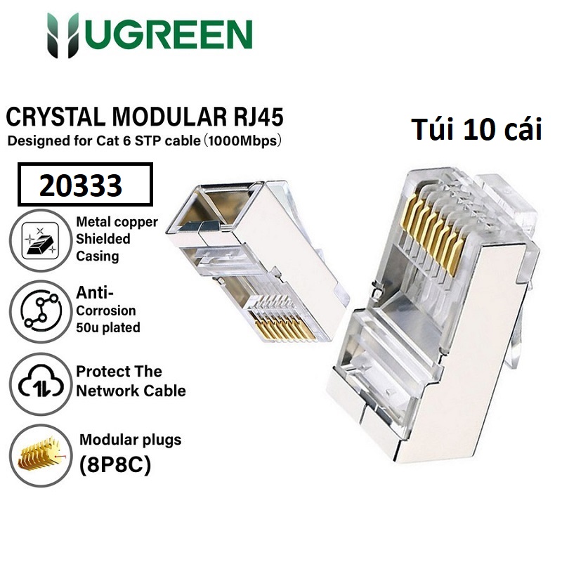 Ugreen 20333 Đầu bấm, Hạt mạng RJ45 CAT6 bọc kim Túi 10 cái cao cấp