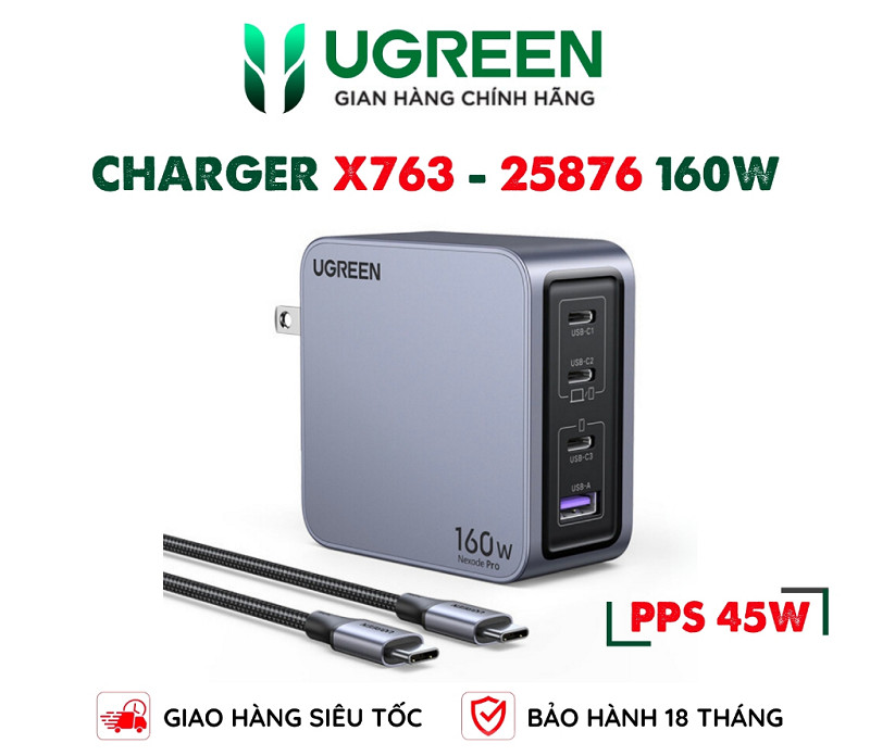 UGREEN 25876 Củ sạc nhanh GaN Nexode Pro 160W Sạc đồng thời 4 cổng ,Công suất 140W