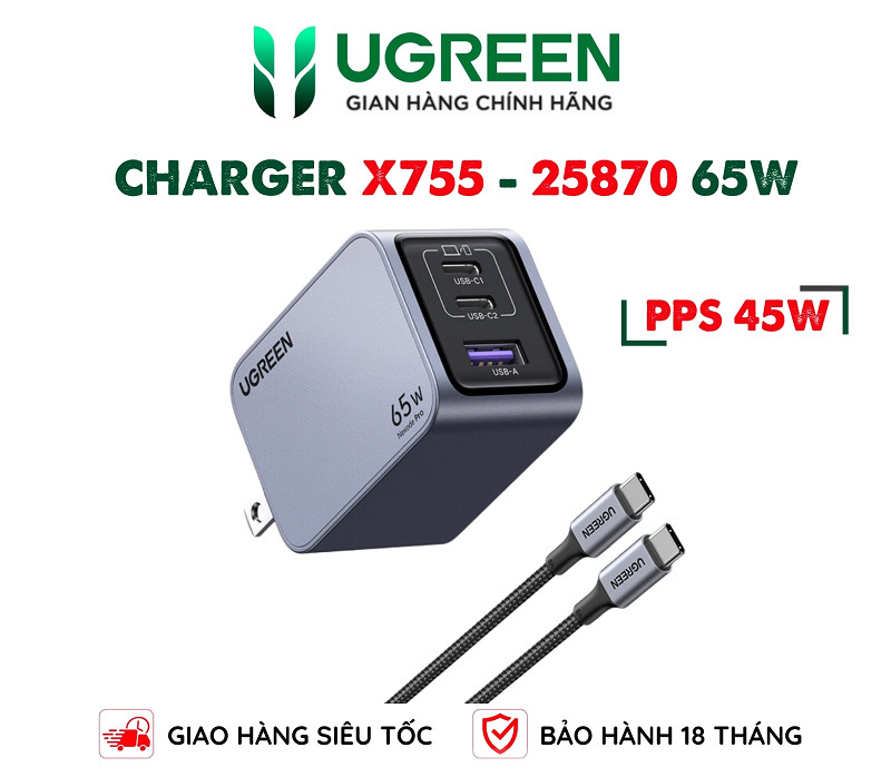 UGREEN 25870 Bộ sạc nhanh NexodeGaN Pro 65W Sạc nhanh đồng thời 3 Cổng 2x USB-C & 1x USB-A