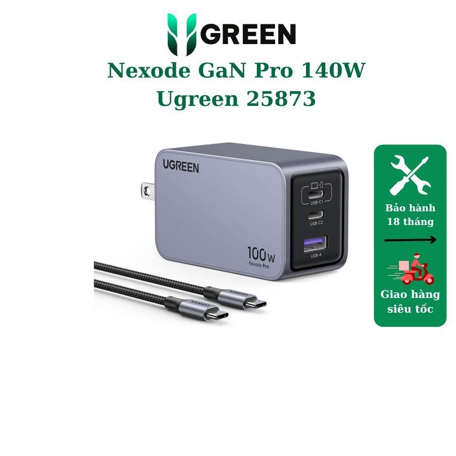 Ugreen 25873 Củ sạc nhanh Nexode GaN Pro 100W 3 cổng, 2 USB-C và 1 USB Type-A