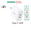 Củ sạc nhanh Ugreen 10343 40W 2 cổng Type-C chuẩn EU chính hãng