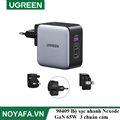 UGREEN 90409 Bộ sạc nhanh Nexode GaN 65W  2 cổng USB Type-C + USB-A Màu Đen kèm 3 chuẩn cắm US EU UK