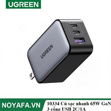 UGREEN 10334 CỦ SẠC NHANH 65W GAN 3 CỔNG USB TYPE-C X2 USB TYPE-A X1 HỖ TRỢ QC4+, PD3.0..