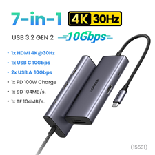 Ugreen 15531 Bộ chuyển đổi USB-C sang HDMI+2*USB 3.2 A+ USB-C 3.2+SD/TF+PD 10Gbps 4K@30Hz với PD