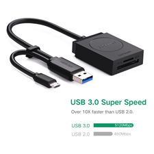 UGREEN 20203 Đầu đọc thẻ USB 3.0 sang TF+SD ABS màu đen cao cấp