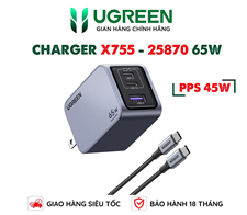 UGREEN 25870 Bộ sạc nhanh NexodeGaN Pro 65W Sạc nhanh đồng thời 3 Cổng 2x USB-C & 1x USB-A