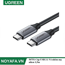 UGREEN 50751 Cáp USB 3.1 Type C Male sang Type C Male Vỏ nhôm mạ niken 1,5m (Xám)