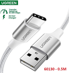 Ugreen 60130 Dây, cáp usb ra type c bọc nhôm màu bạc dài 0.5m