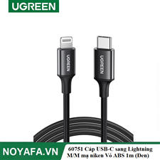 UGREEN 60751 Cáp USB-C sang Lightning M/M mạ niken Vỏ ABS 1m (Đen) cao cấp