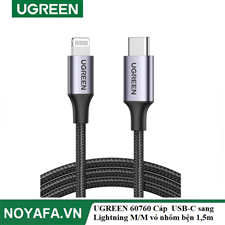 UGREEN 60760 Cáp  USB-C sang Lightning M/M vỏ nhôm bện dài 1,5m (Đen) chính hãng