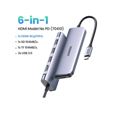 Ugreen 70410 - Bộ chuyển USB-C sang 3 Ports USB3.0-A Hub + HDMI 4K30HZ + TF/SD 6 IN 1